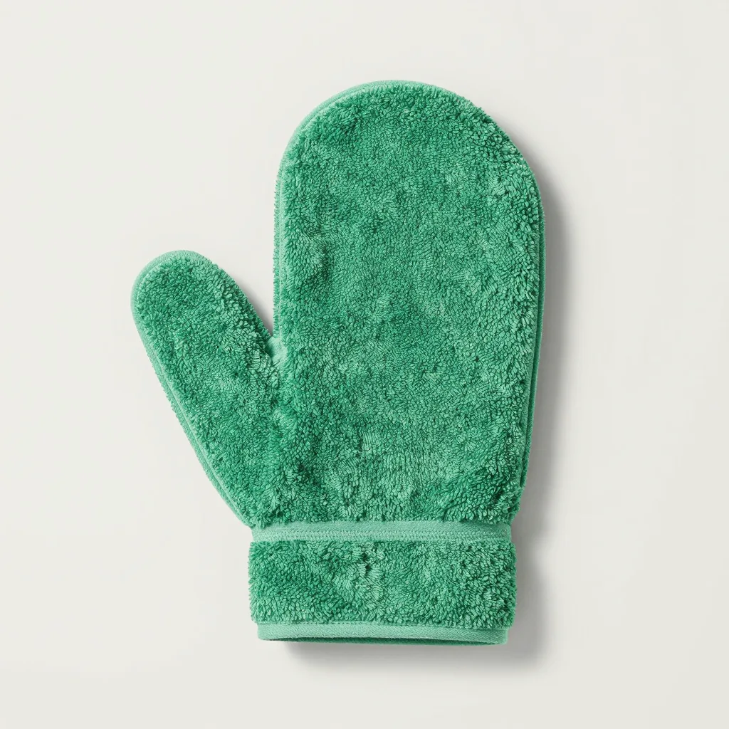 A single green viscose Italy towel scrub mitt on a light background
