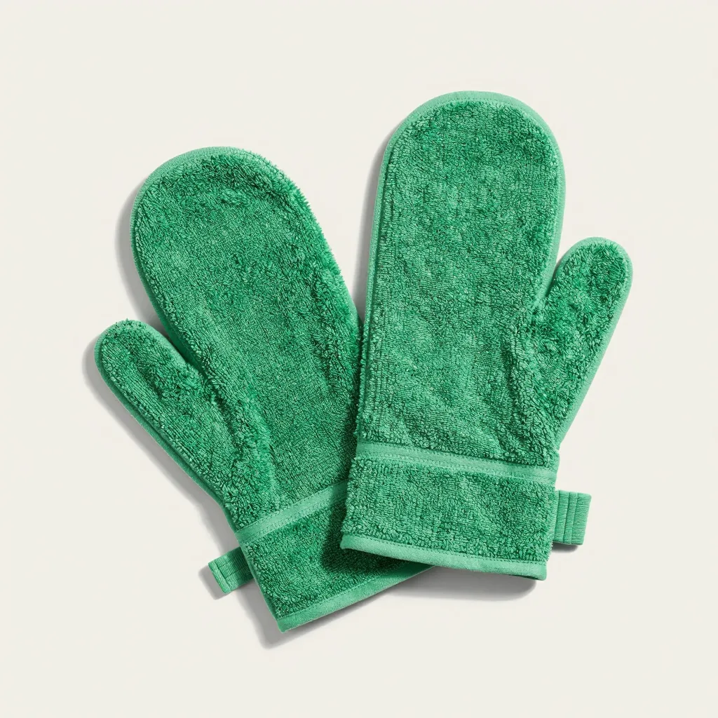Two green viscose Italy towel mitts on a light background