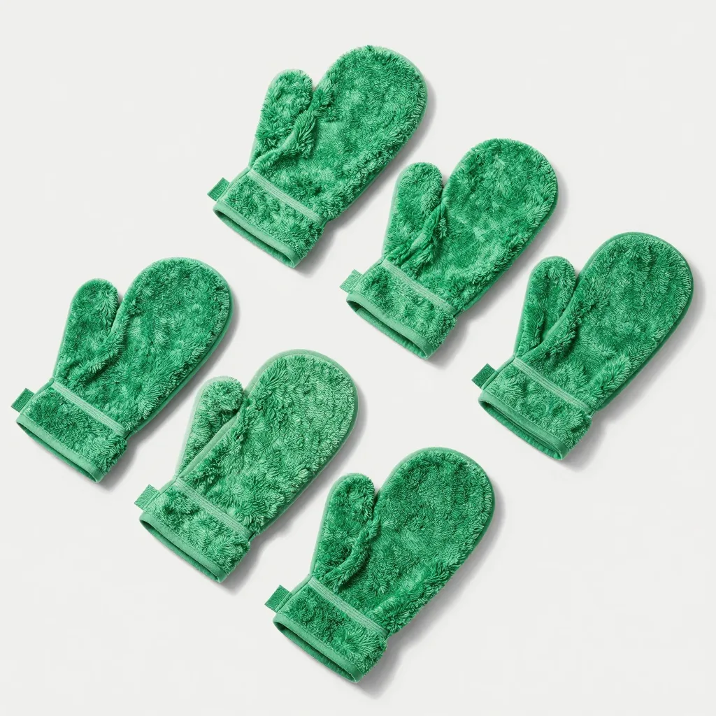 A five-pack of green Italy towel mitts on a light background