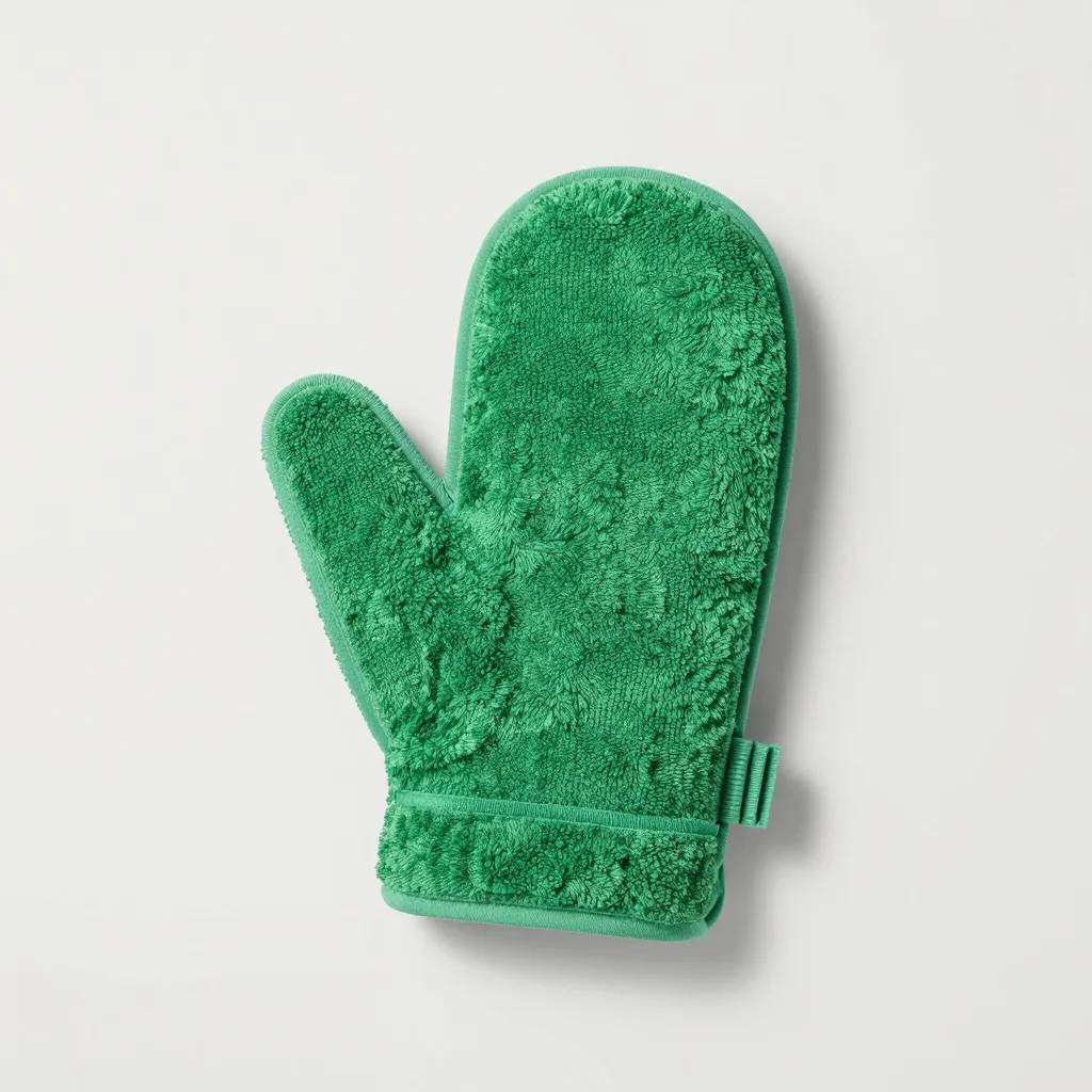 A green Italy towel mitt with a loop handle on a light background