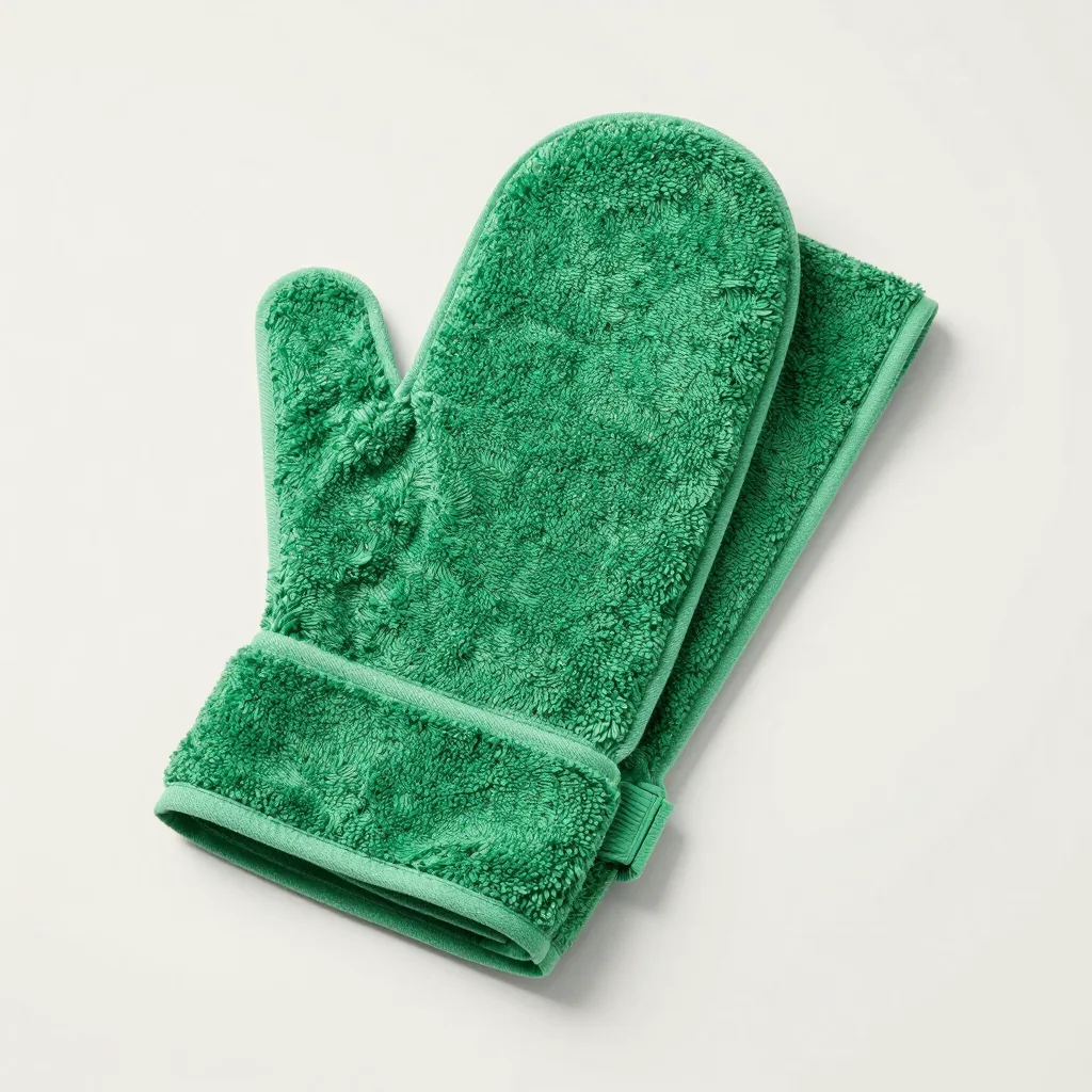 A double-sided green Italy towel mitt on a light background