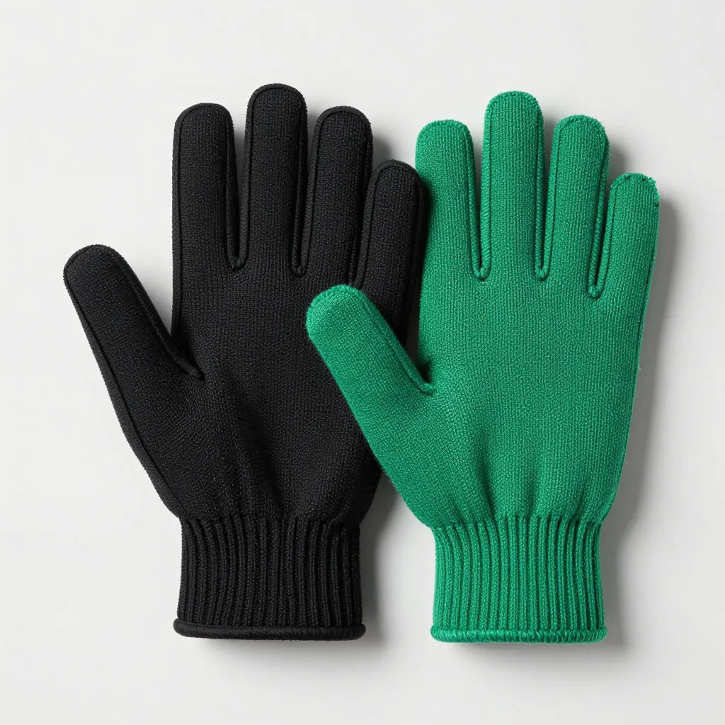 A coarse black mitt and a fine green mitt together on a light background