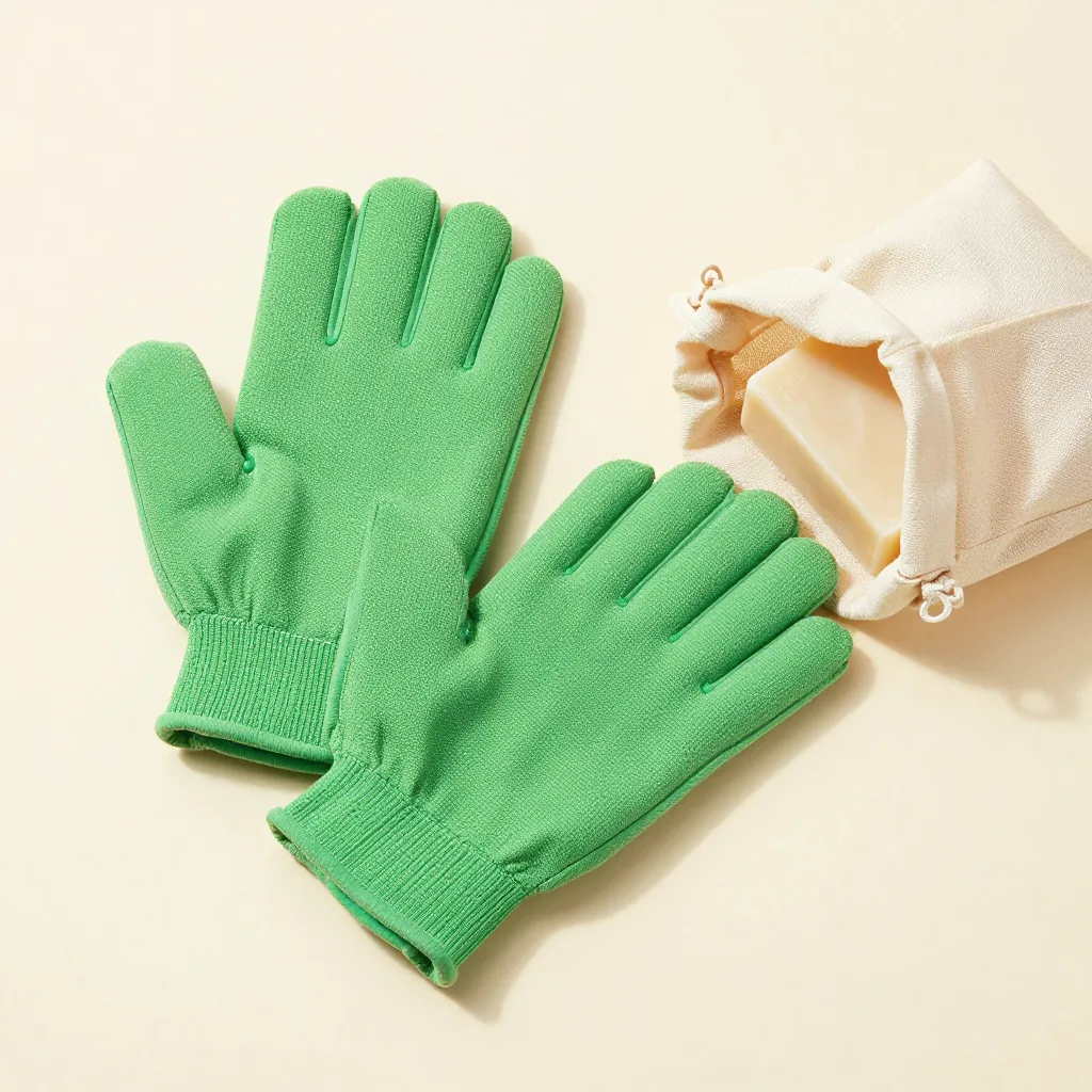Two Italy towel mitts with a soap bar in a cotton bag on a light background